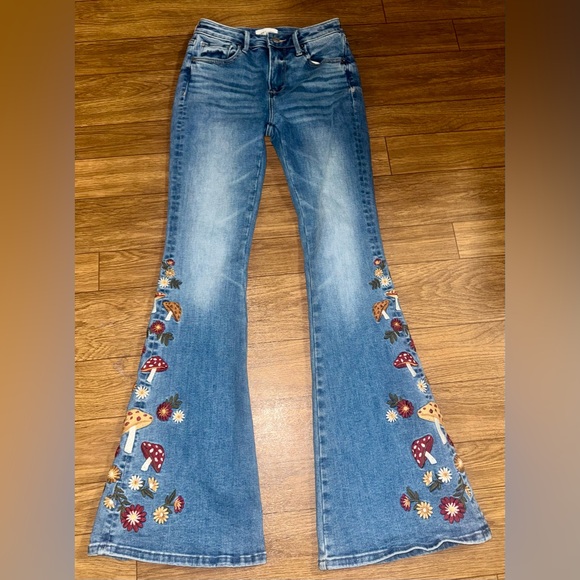 RARE Free People Driftwood Farrah Embroidered Mushroom Flare Jeans 24 /34 - Picture 4 of 10